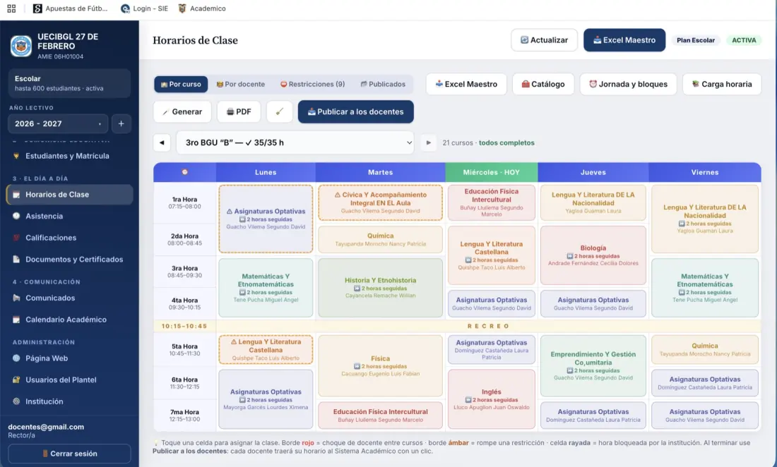 Horarios institucionales por curso en el SAI